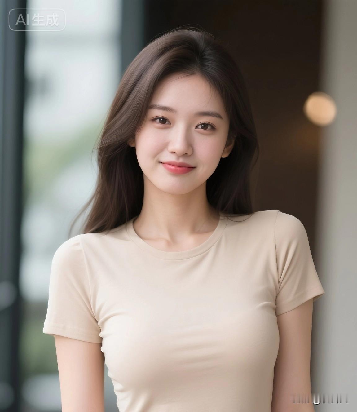 她的笑容，是今天最治愈的风景。
浅杏T恤+牛仔裤，简单到极致，却美得让人挪不开眼