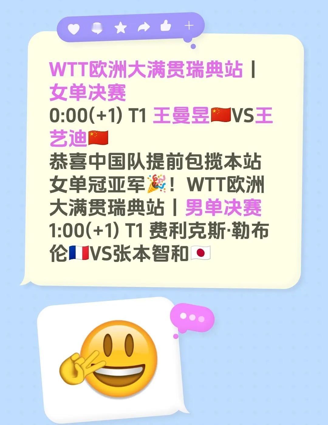 WTT欧洲大满贯瑞典站丨女单决赛0:00(+1) T1 王曼昱🇨🇳VS王艺迪