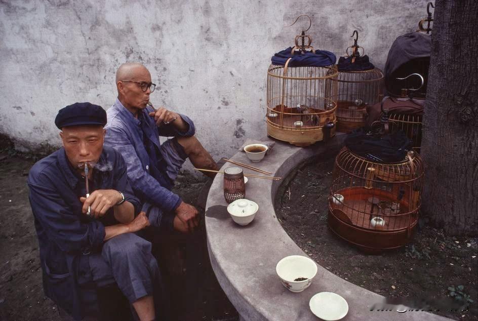 70年代的一个午后，两位老大爷坐在墙边，抽着旱烟，面前是欢鸣的鸟笼和热气腾腾的大