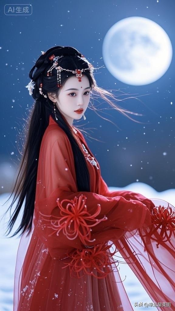 冬日仙境中的绝美女子，红衣与白雪相映成趣。