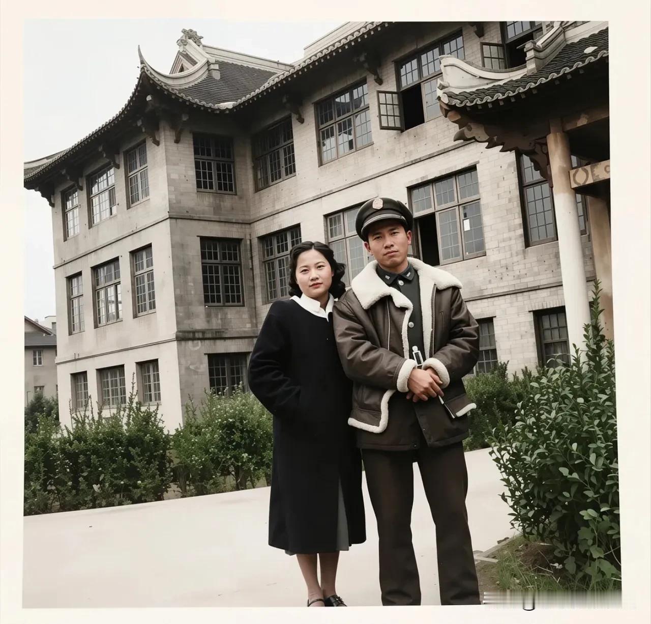 1946年，在北平那座中西合璧的校舍前，地下工作者赵良璋与妻子留下了一张珍贵合影