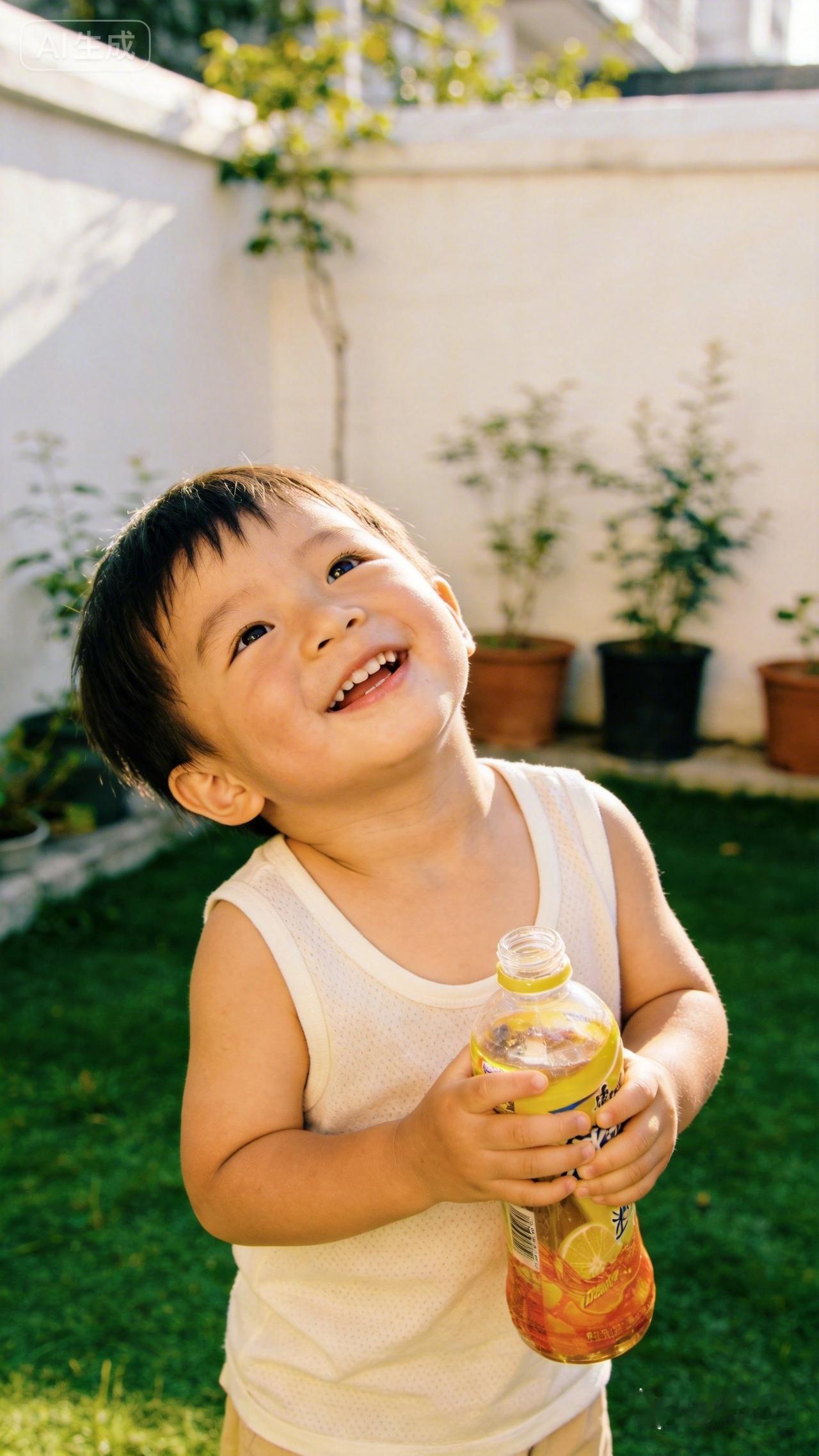 小男孩。
刚才在院子里，看到一个大约两周岁的小孩。手里拿着一个喝空了的饮料瓶，趁