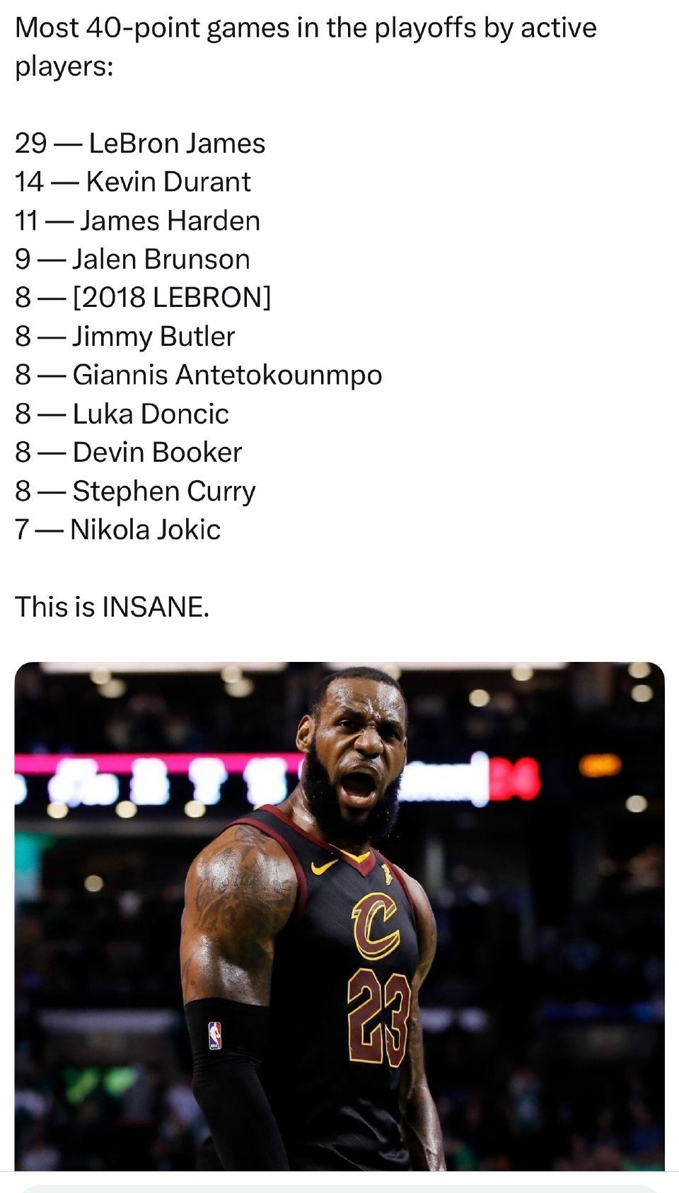 现役球员季后赛单场40+次数：詹姆斯遥遥领先于其他球员，单就2018年灭霸詹就有