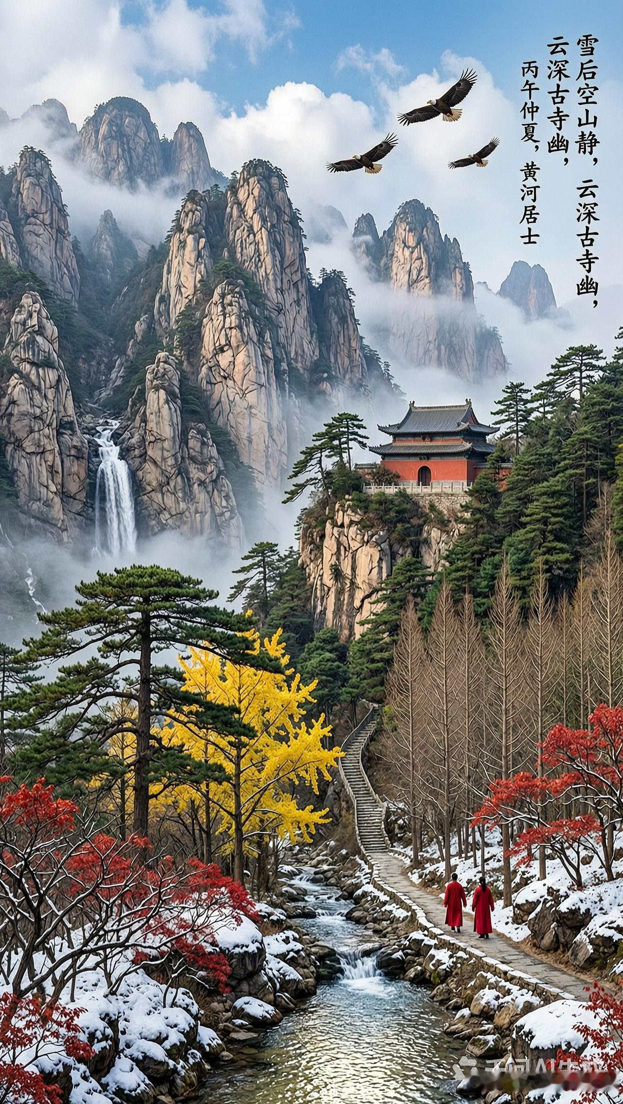 《雪后空山静，云深古寺幽》秋末冬初，一场雪后，山林古寺显得特别幽静。
