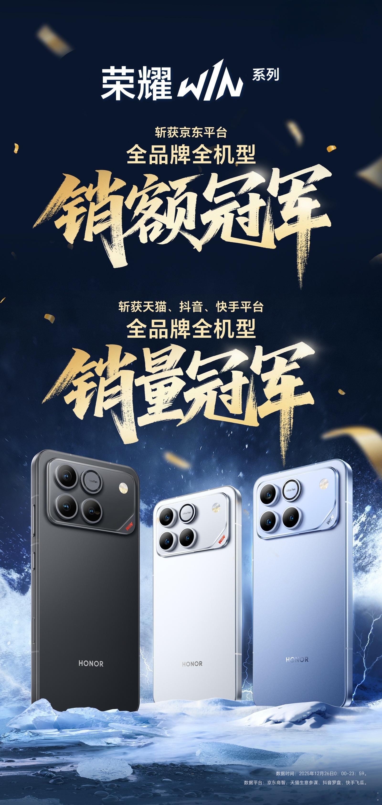 荣耀WIN系列卖得不错，斩获京东平台全品牌全机型销额冠军，斩获天猫、抖音、快手平