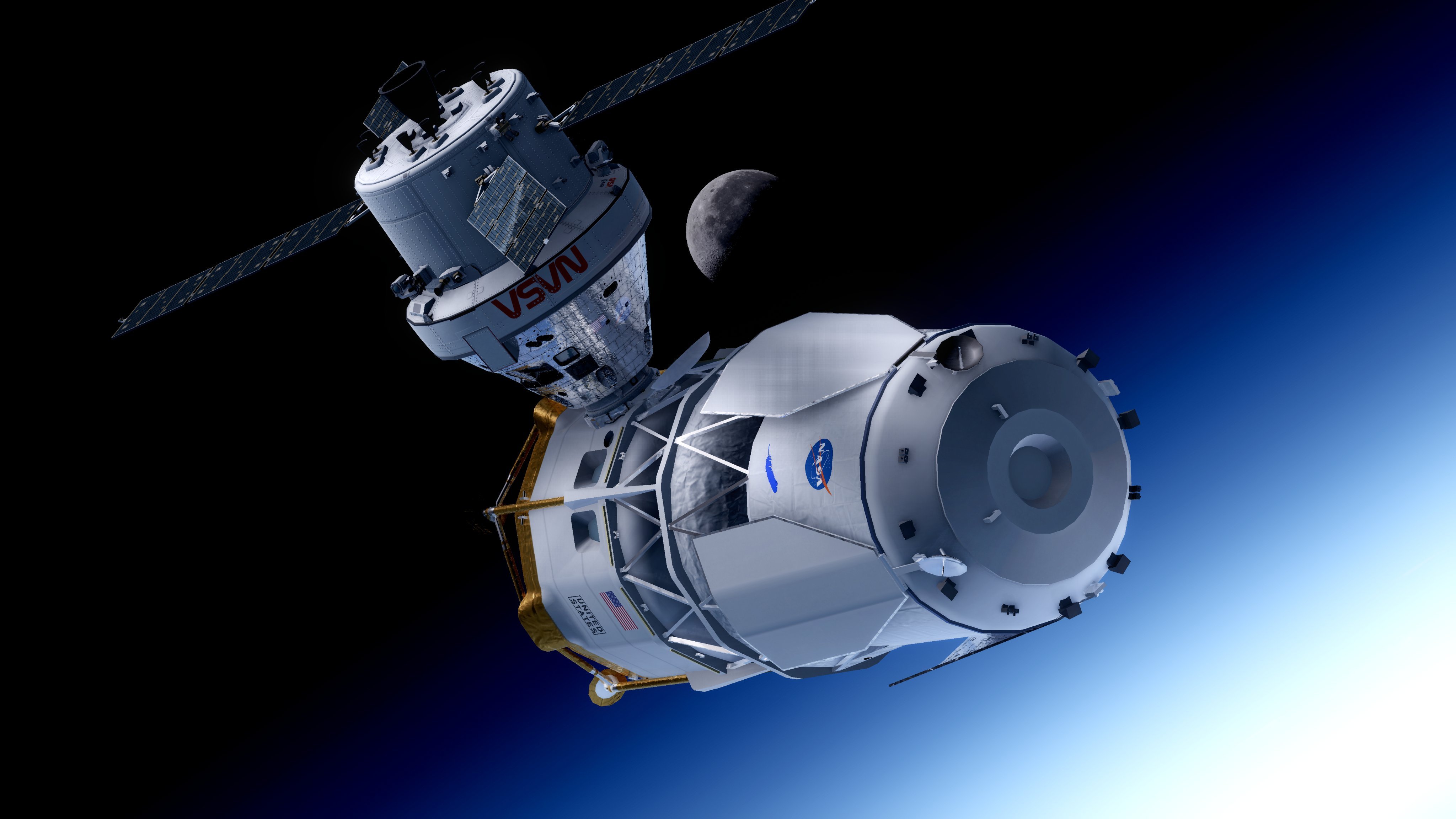 阿尔忒弥斯3号近地轨道演示任务KSP渲染图：猎户座载人飞船和蓝月亮HLS对接图源