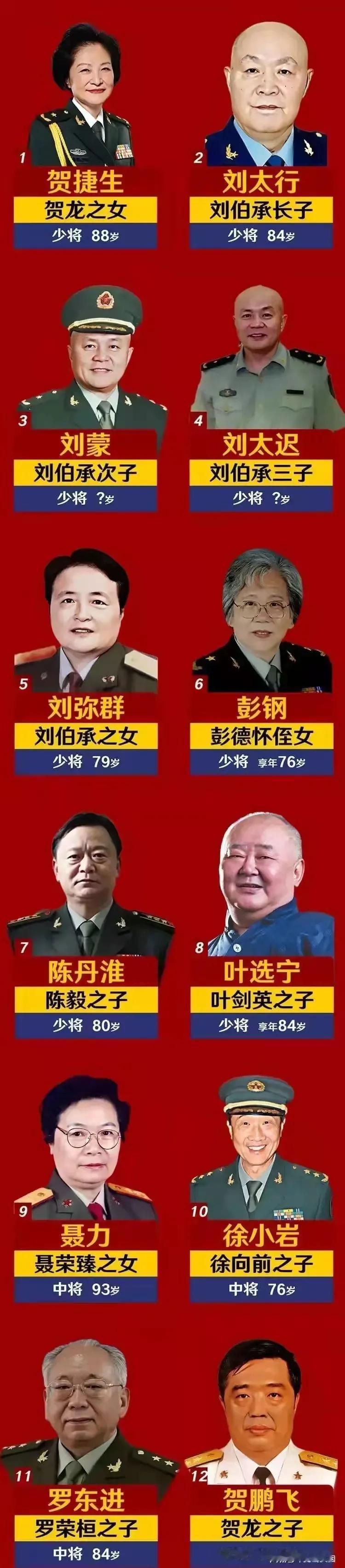 开国元帅们的后辈成就一览
贺龙元帅的女儿：中将军衔；
聂荣臻元帅的女儿：中将军衔