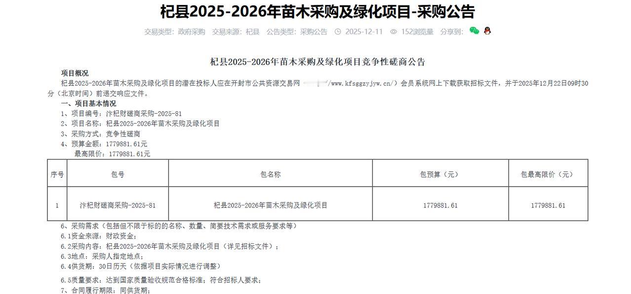 杞县2025-2026年苗木采购及绿化项目-采购公告，预算177.9万元