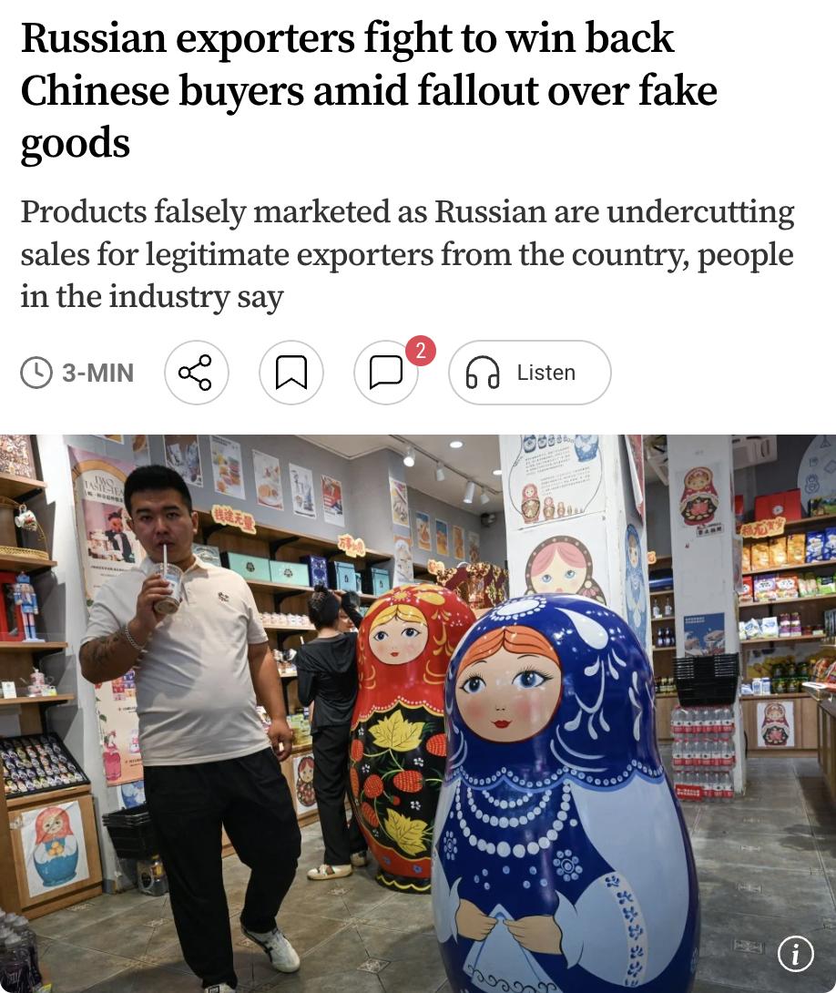 外媒：俄罗斯出口商正努力赢回中国消费者信任，因假冒俄货泛滥冲击了正品销售。

2