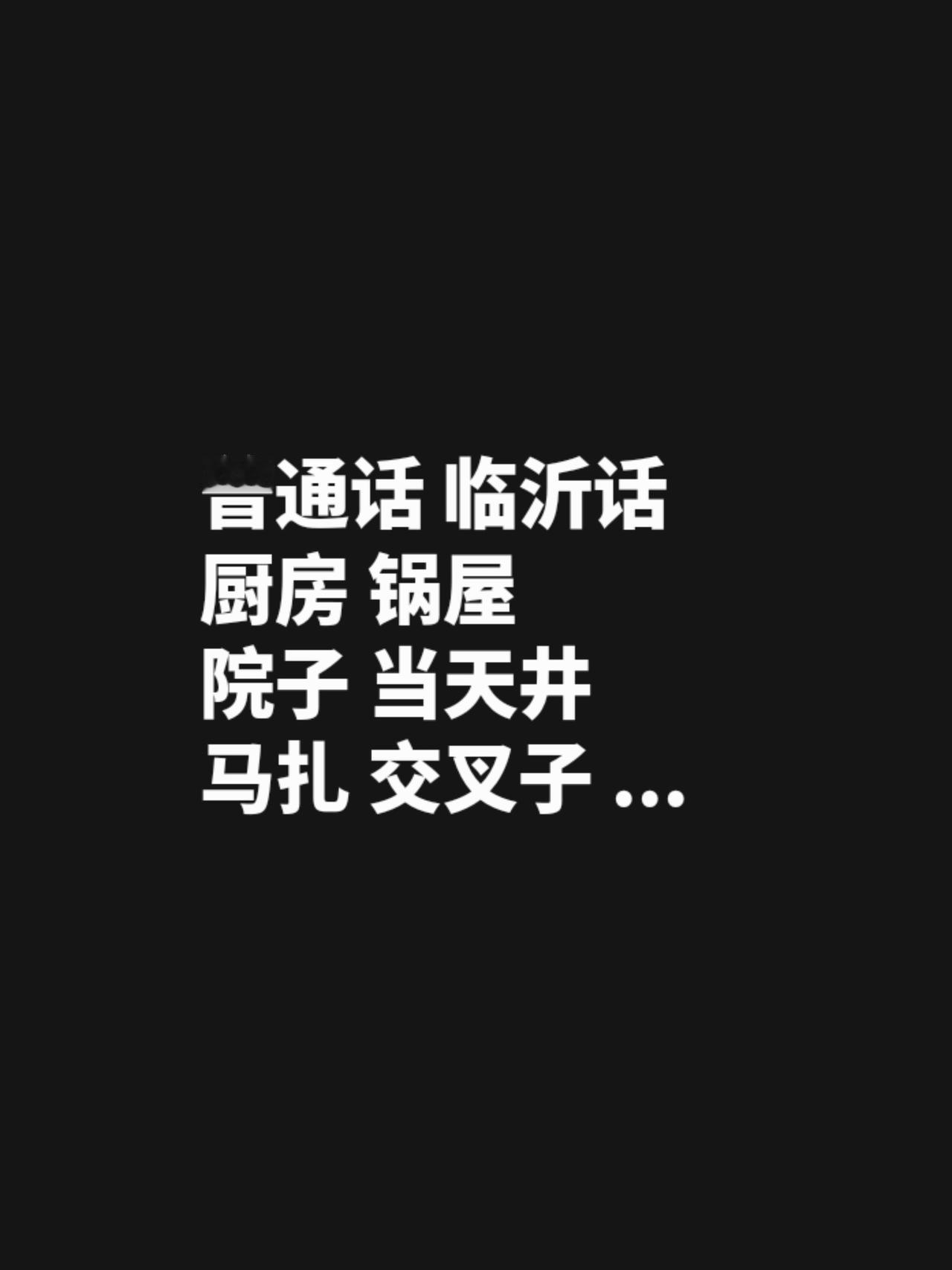 普通话临沂话
厨房锅屋
院子当天井
马扎交叉子
鸽子布格
馒头馍馍
衣服口袋嗨嗨