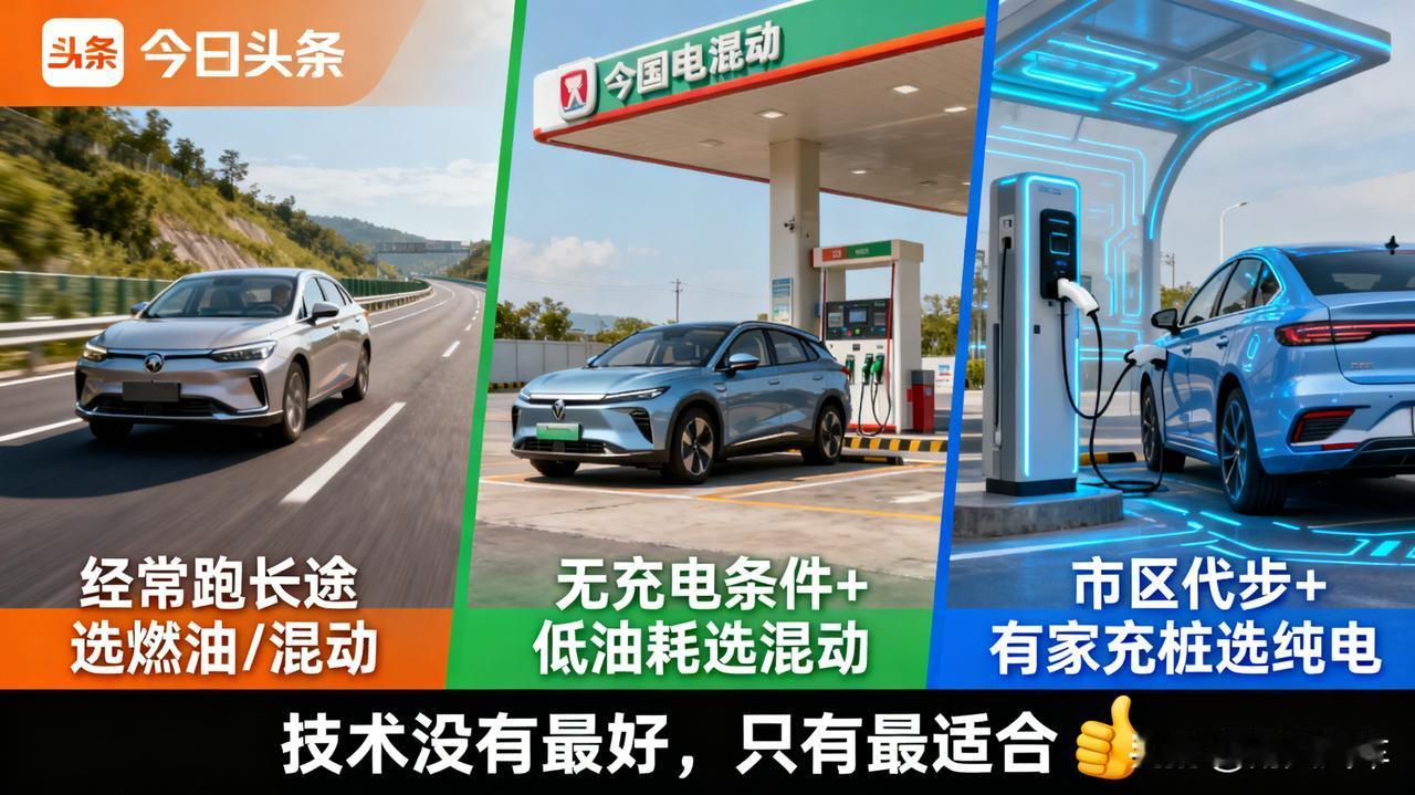 现在买车，燃油、混动、纯电到底怎么选？一篇说清
   
经常跑长途，选燃油或混动