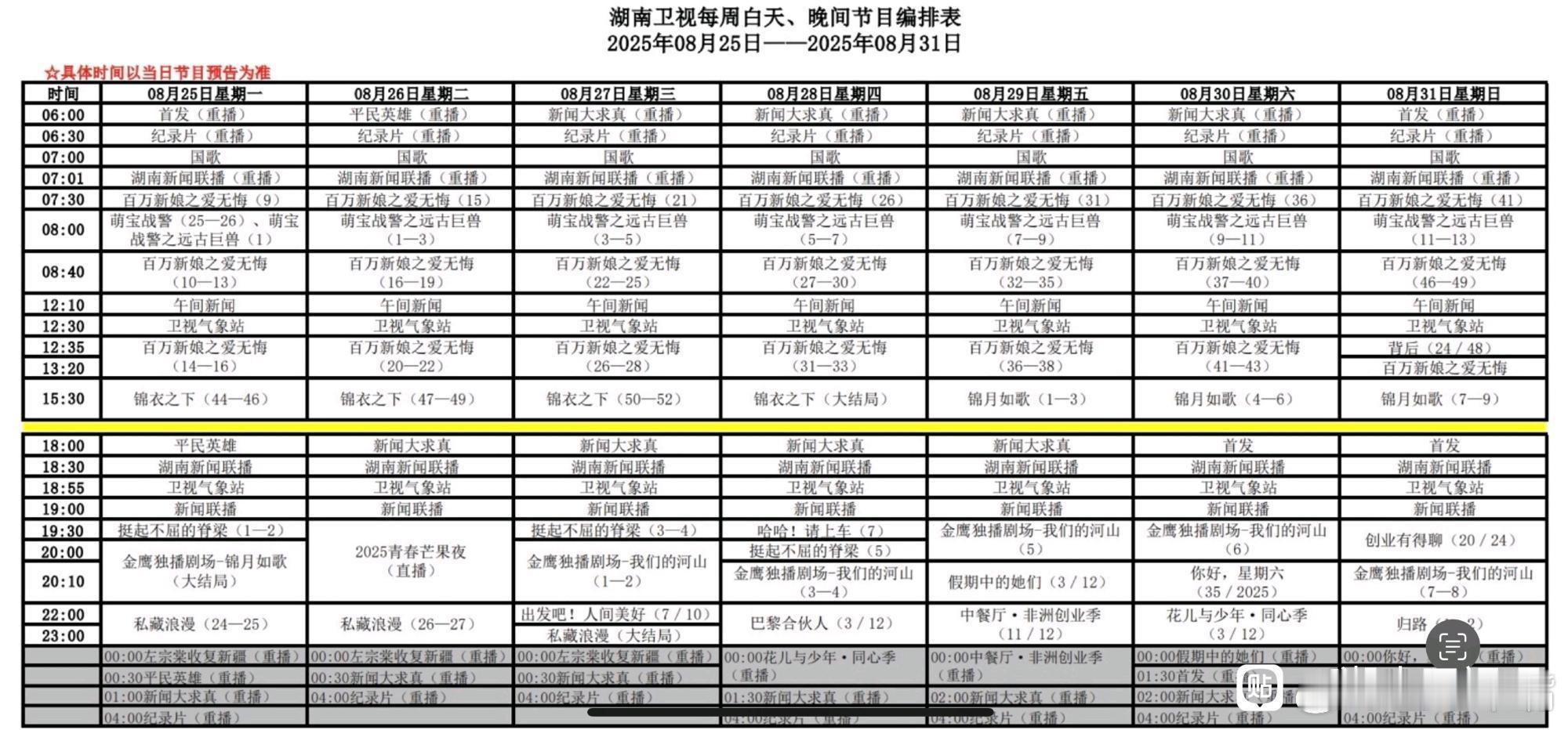 湖南卫视本周编排出炉：上午剧场：百万新娘之爱无悔下午剧场：锦月如歌金鹰剧场：我们
