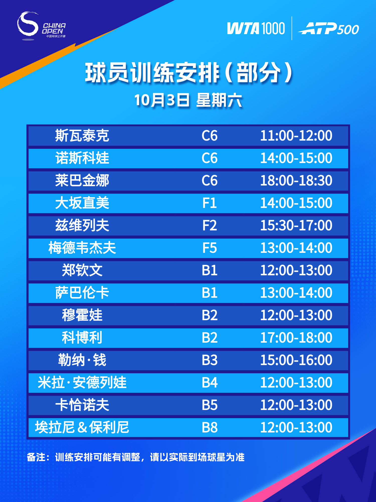 🎾 10月3日部分球员训练安排📍C场、F场、B场均有训练安排👉注意球员训练