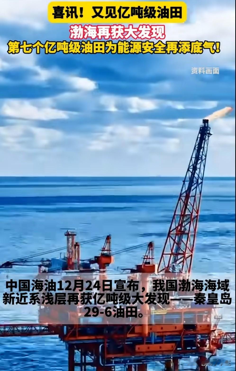 我国在渤海发现第七个亿吨级油田——秦皇岛29-6油田，这一发现将使渤海油田年产量