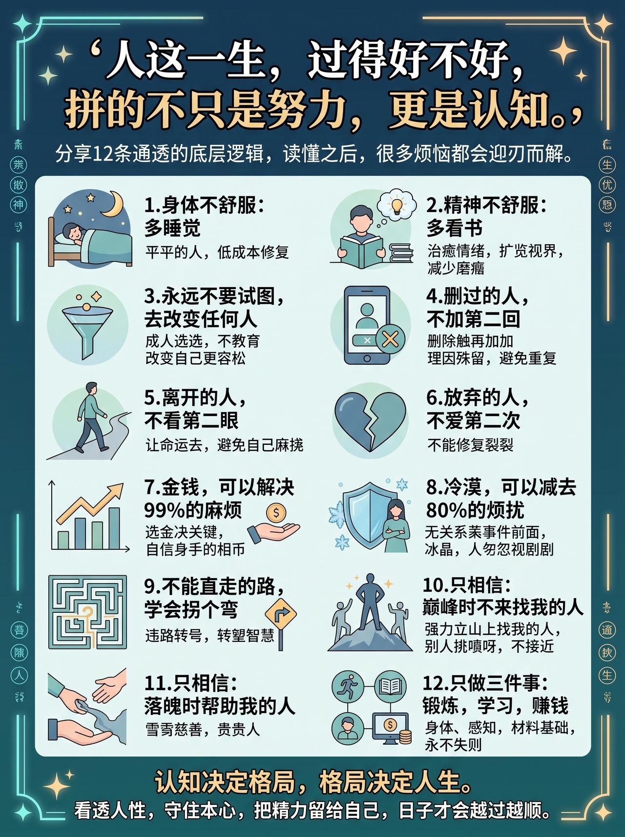 认知决定格局，格局决定人生！

分享12个底层逻辑，读懂之后，许多问题迎刃而解！