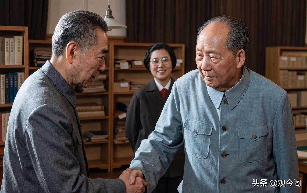 1974年5月30日，伟人会见外宾后，与周总理握手告别。摄影师杜修贤按下快门，拍