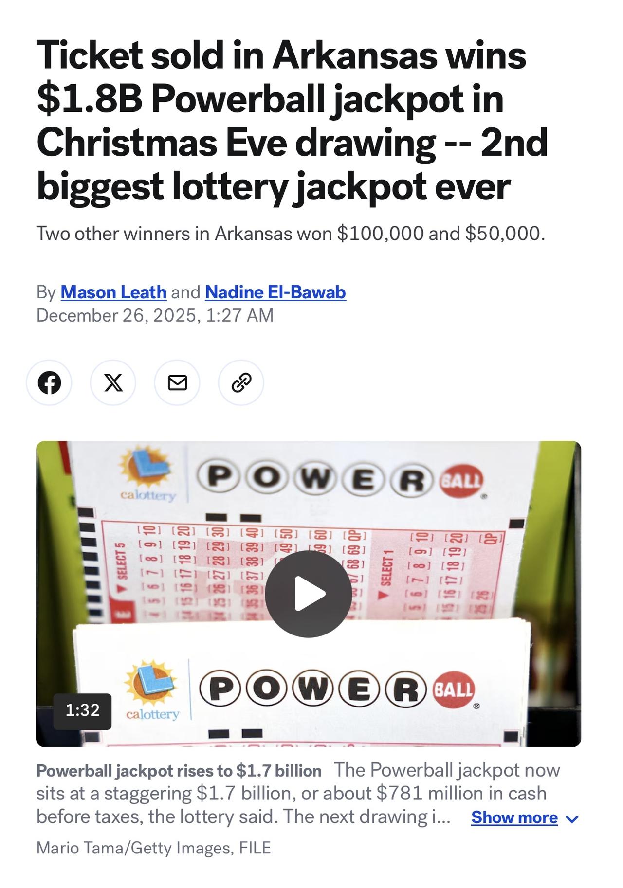 美国阿肯色州的一位强力球彩民在节日期间收到了一份难忘的礼物：据强力球彩票公司称，