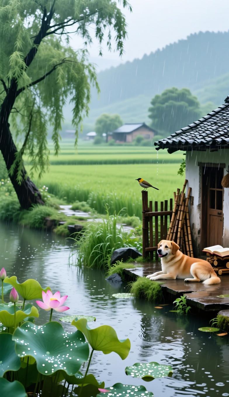 一场细雨洗尽乡间尘埃，漫步村居，满眼清新绿意。目之所及荷柳清幽，耳畔唯有莺啼犬静