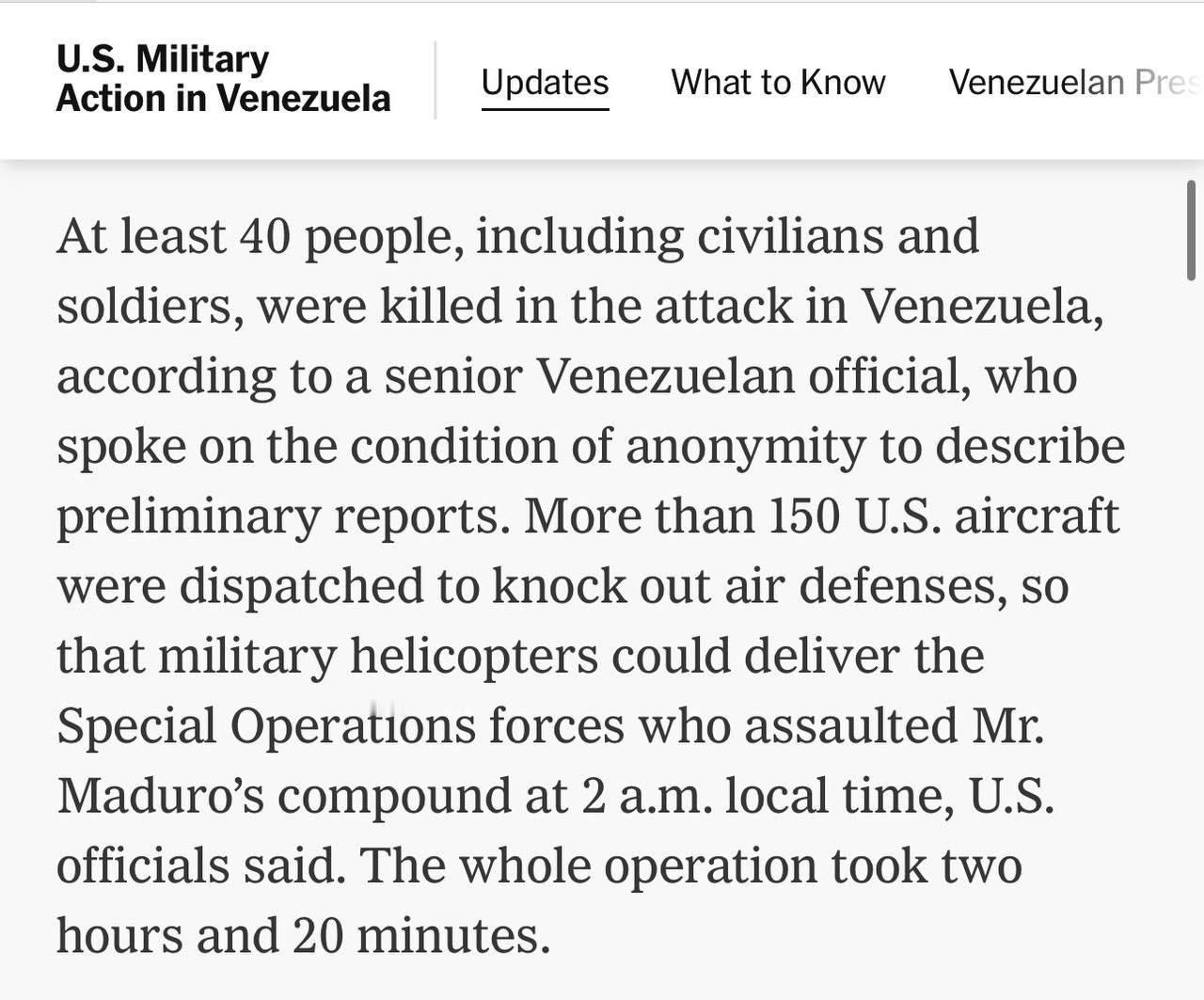 纽约时报称：美国对委内瑞拉的袭击已造成至少40人死亡。

遇难者中既有军人，也有
