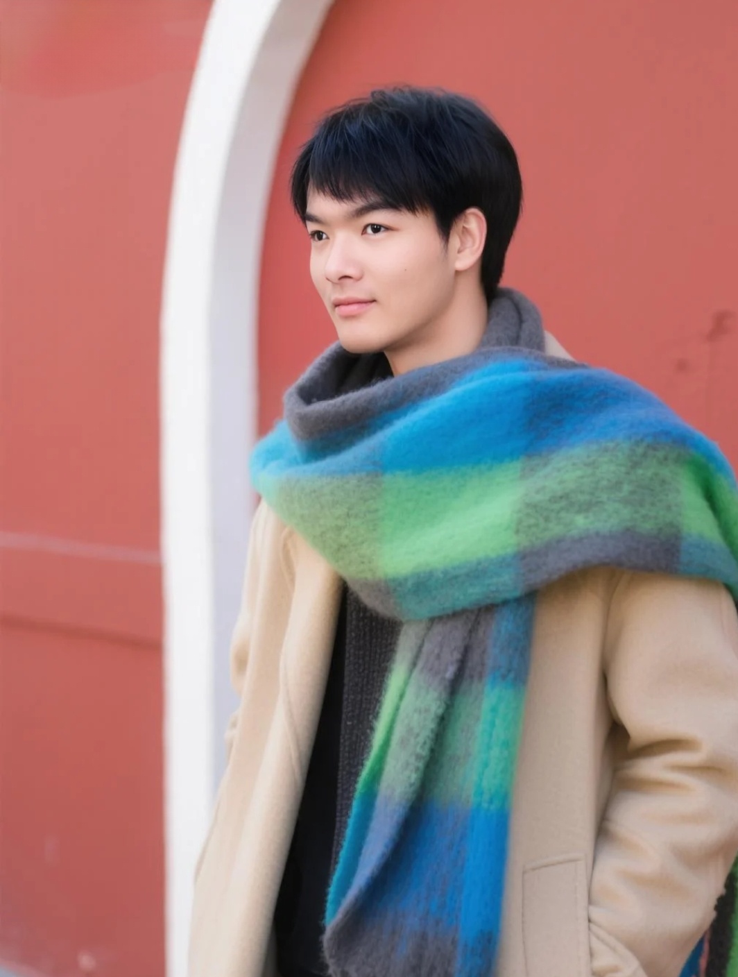 如果秋冬有颜色 ，那一定是暖米、砖红与格纹交织的模样。外套是温柔的米白，围巾是藏