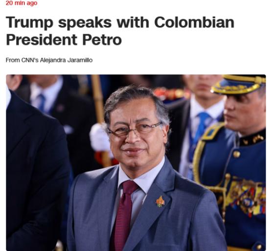 白宫一位官员告诉CNN，1月7日，美国总统特朗普与哥伦比亚总统古斯塔沃·佩特罗通