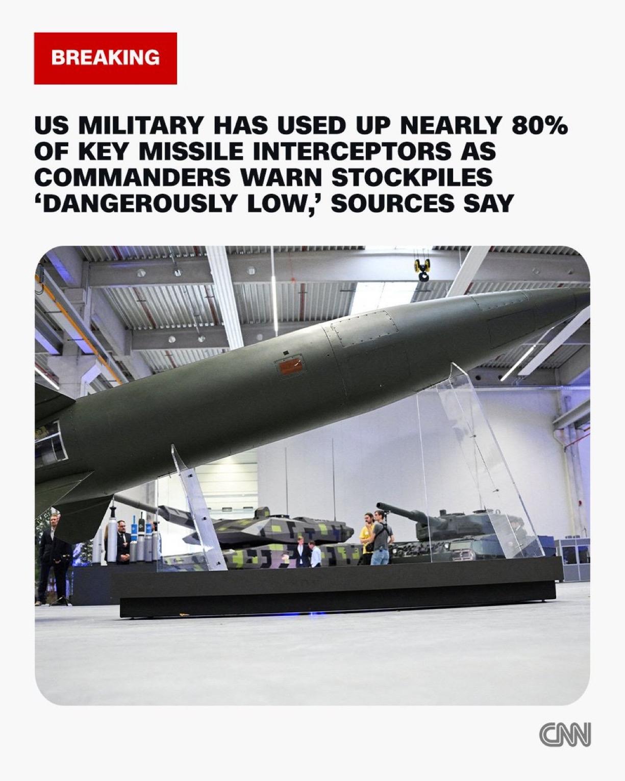 美国军方已耗尽其关键导弹防御系统近80%的拦截弹，据多名熟悉此事的消息人士透露，
