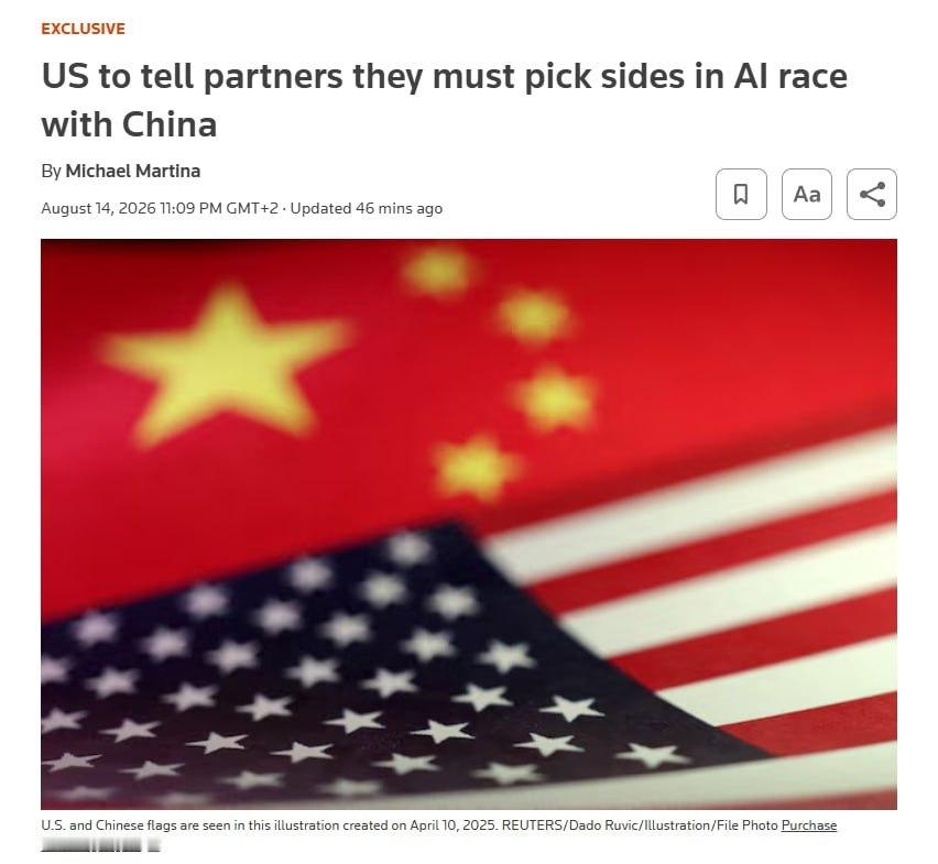 据路透社报道，美国正准备告知数十个国家，它们必须在美方和中方的人工智能框架之间做