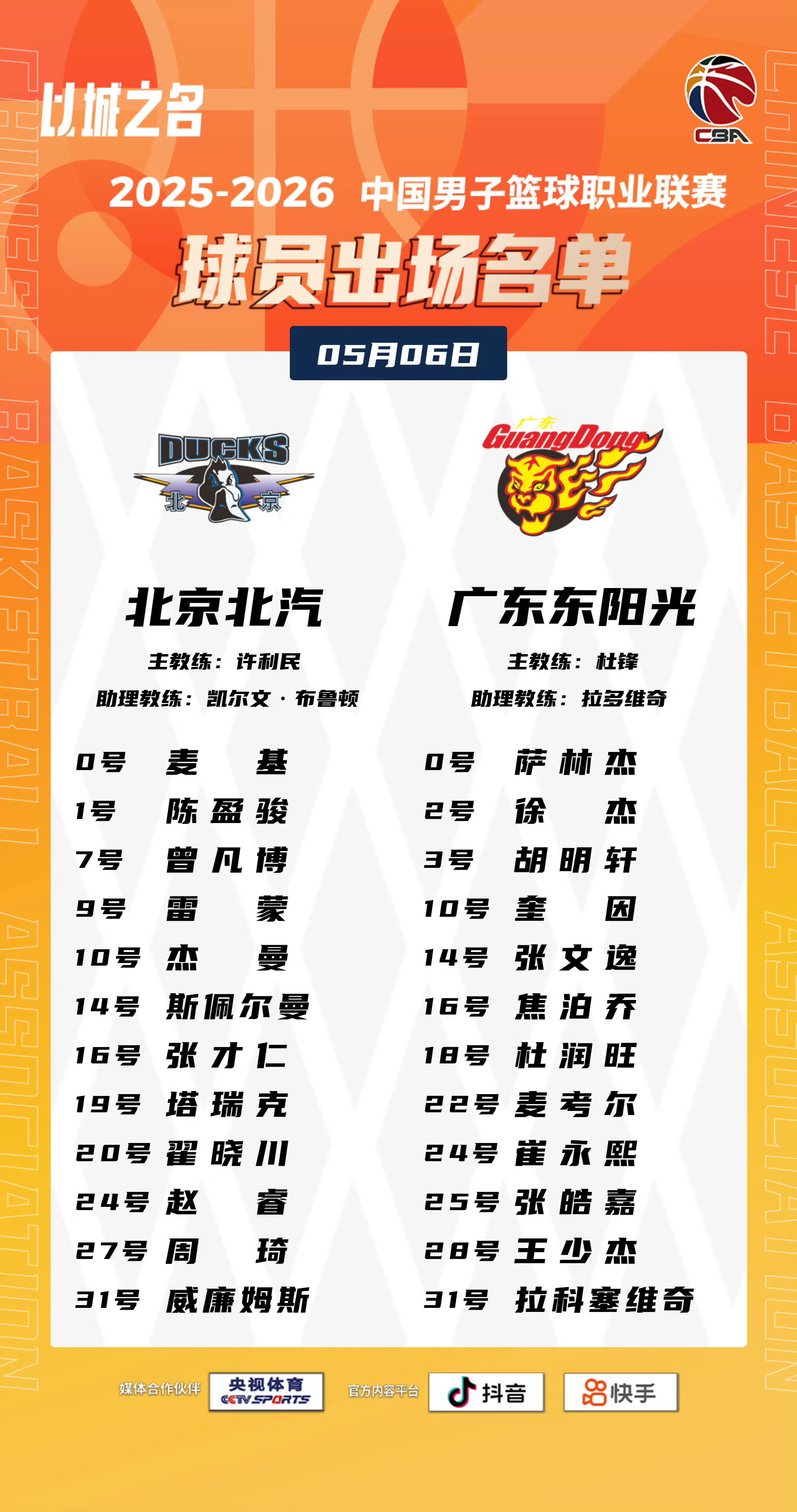 今天两场的大名单，什么比分？cba季后赛