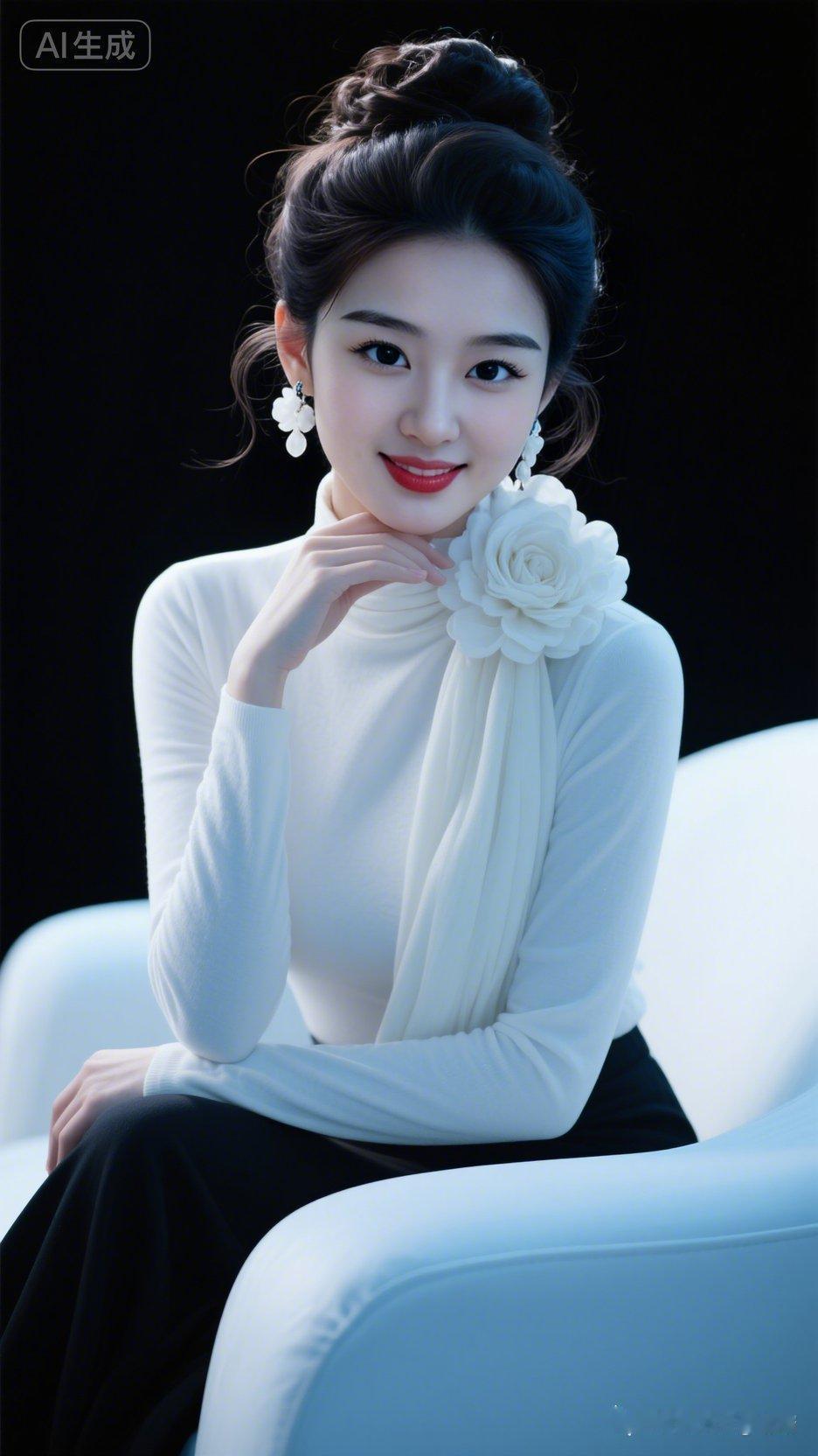 少女高盘发微乱带碎光，白花耳坠清雅。奶白高领秋衫衬得身姿丰腴柔美，花围巾绕颈，手