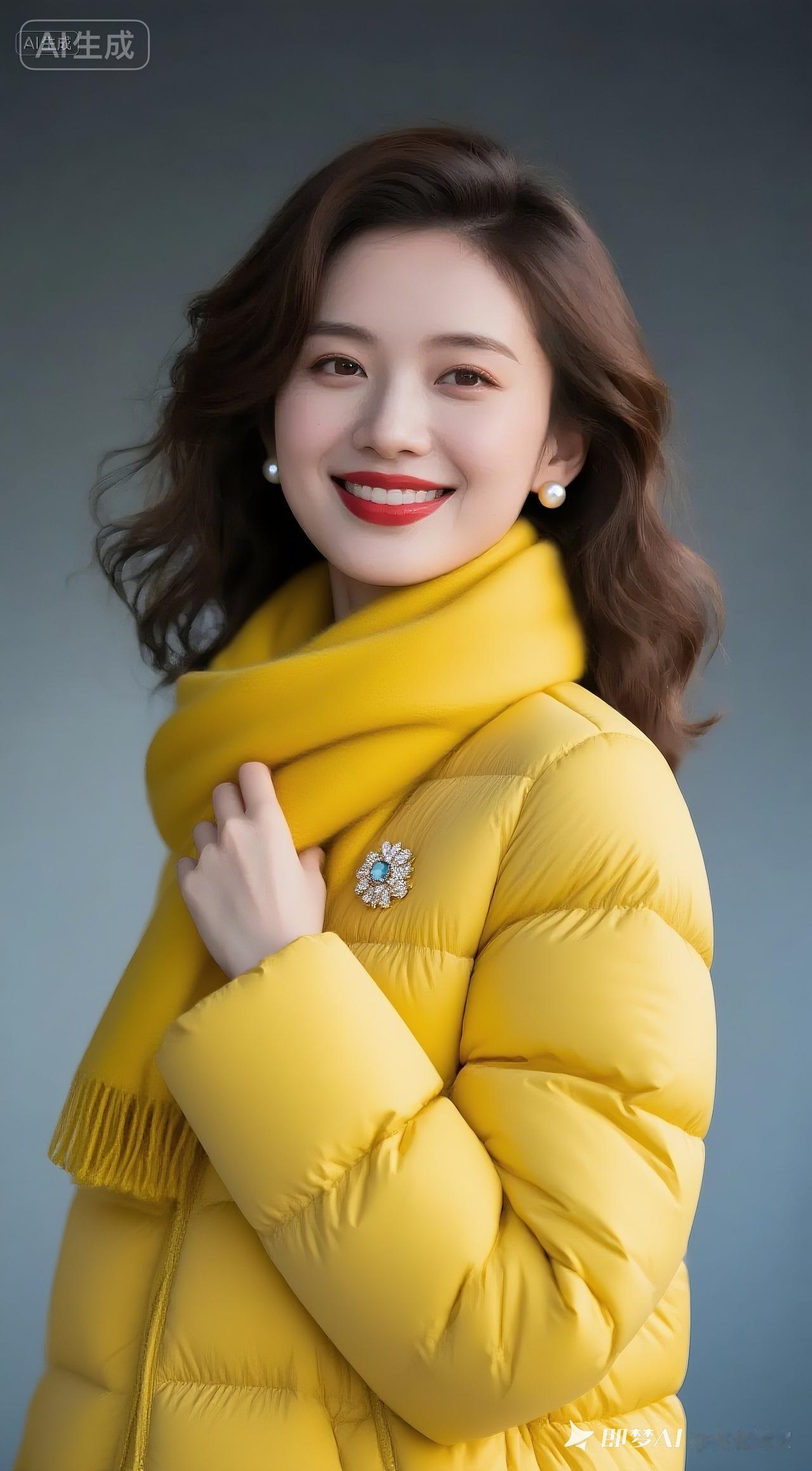 冬日暖阳下的时尚穿搭，黄色羽绒服搭配珍珠耳环，温暖又迷人！🌞👗💎