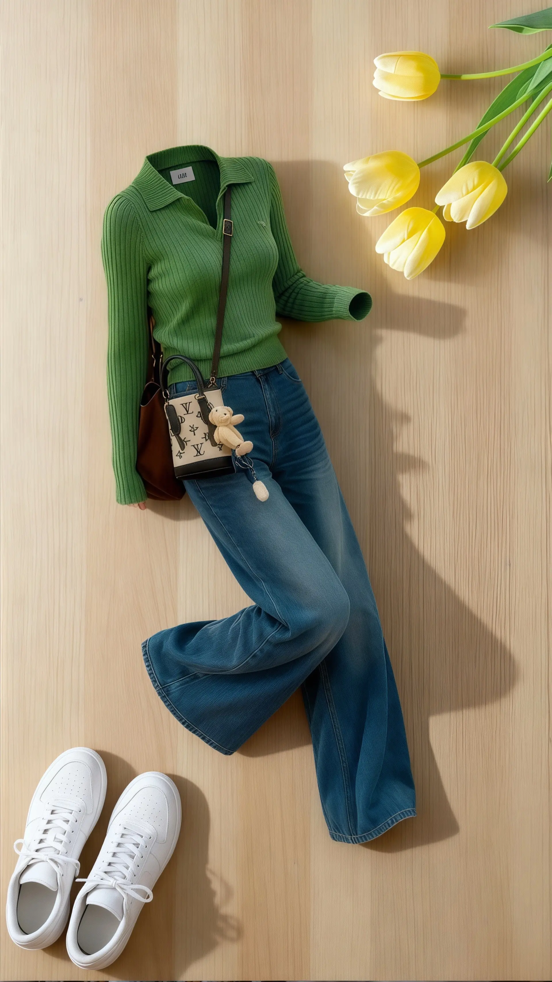 她穿着韩系慵懒风两件套，绿色针织polo衫的领口松垮垮搭在肩头，阔腿牛...