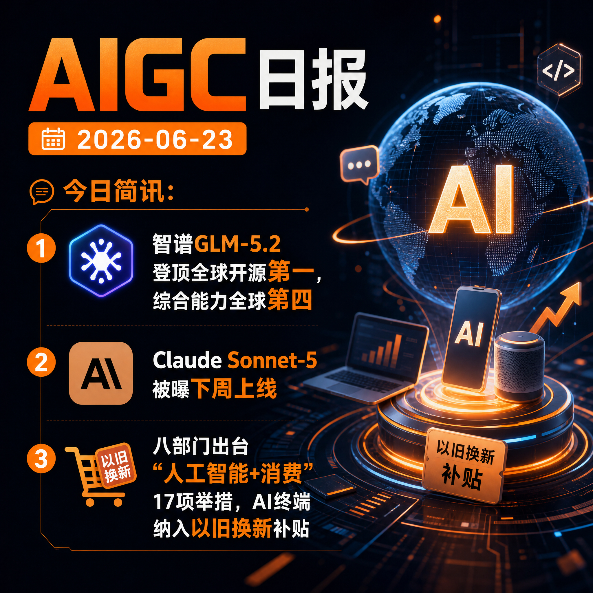 【AIGC日报 · 2026-06-23】今日简讯：1、智谱GLM-5.2登顶全