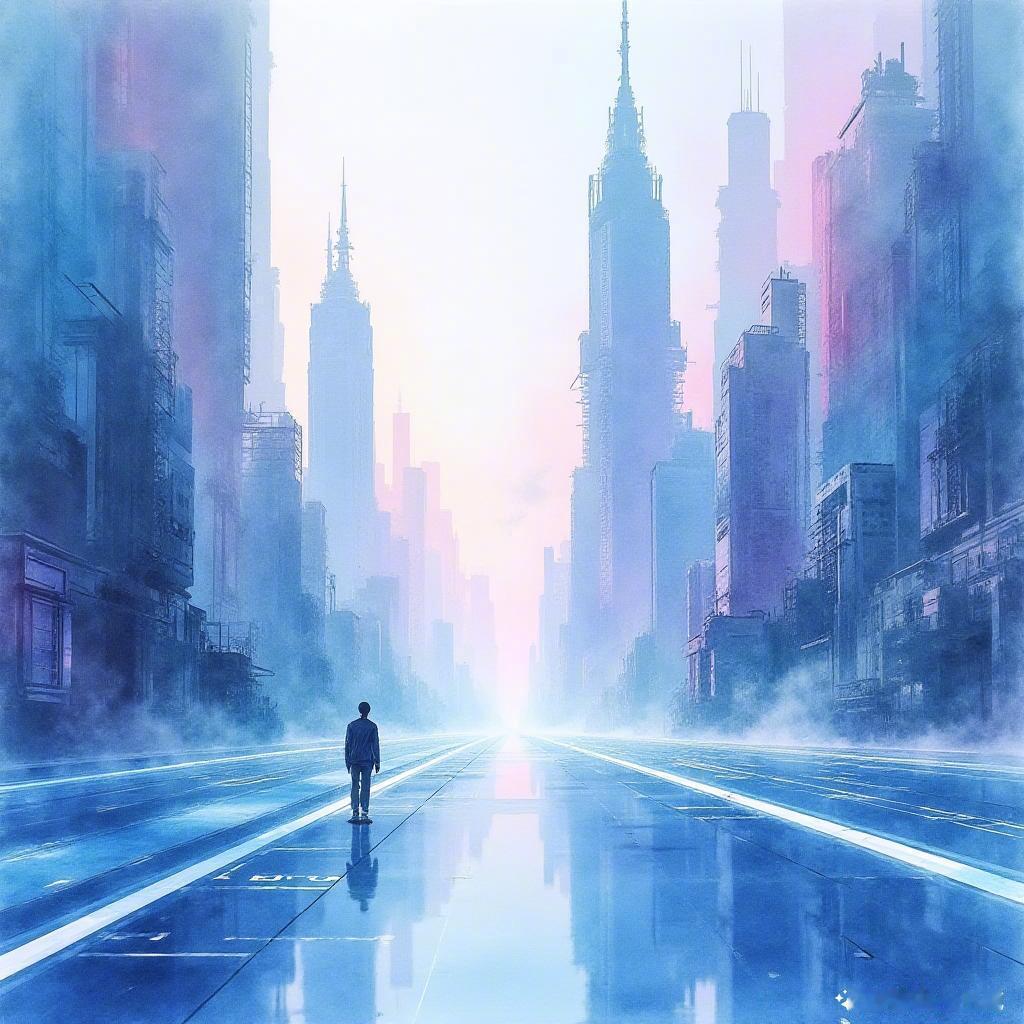 ✨未来科技城市如梦幻般绚丽，水彩流动的光影交织出迷人的画卷，仿佛在邀请我们一起探