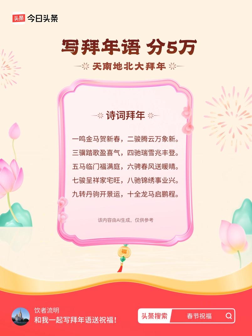 写拜年语送祝福新春拜年送祝福！我的祝福是：“一鸣金马贺新春，二骏腾云万象新。三骥