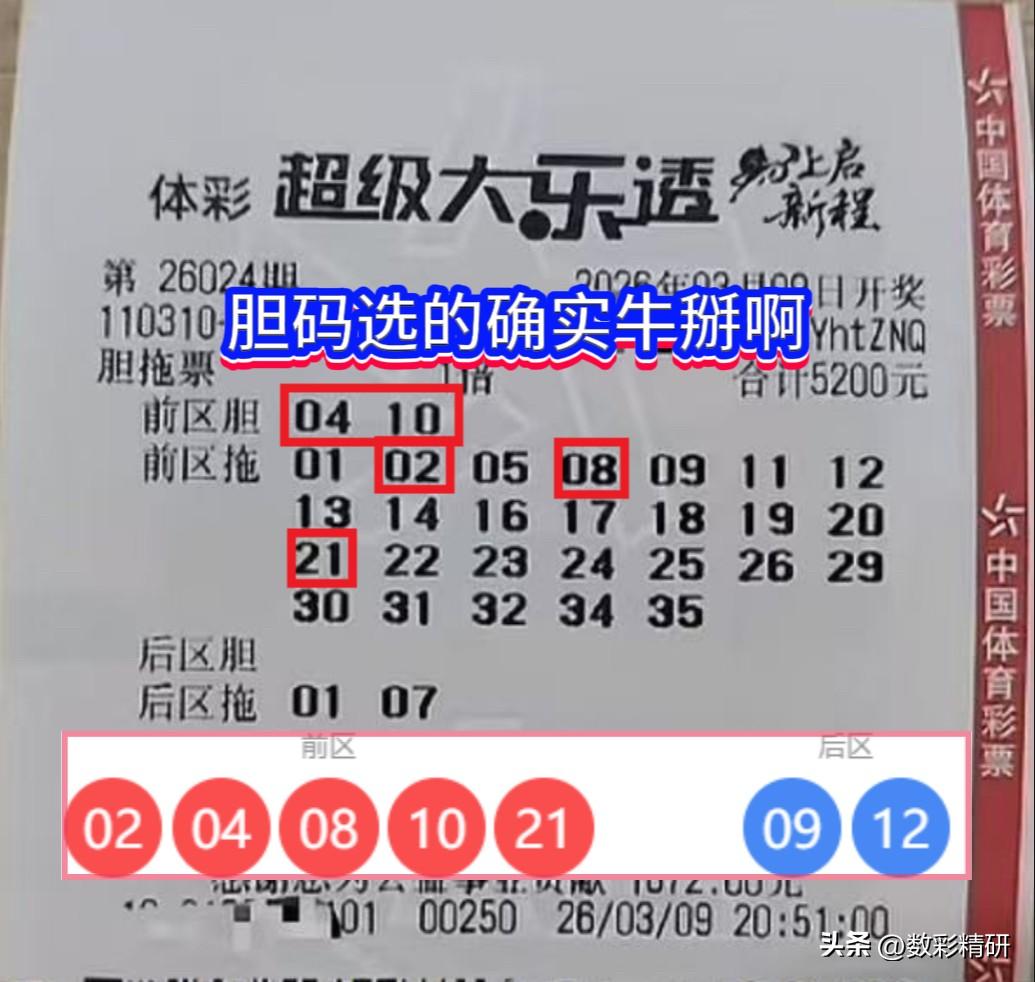 胆码选的真准，3月9日晚大乐透26024期，有彩民采用2胆26拖的投注方式，一举
