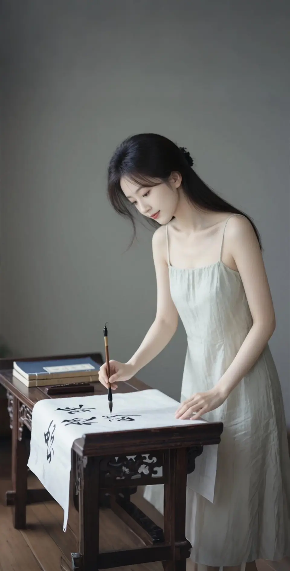 AI扩图 AI书案间的少女