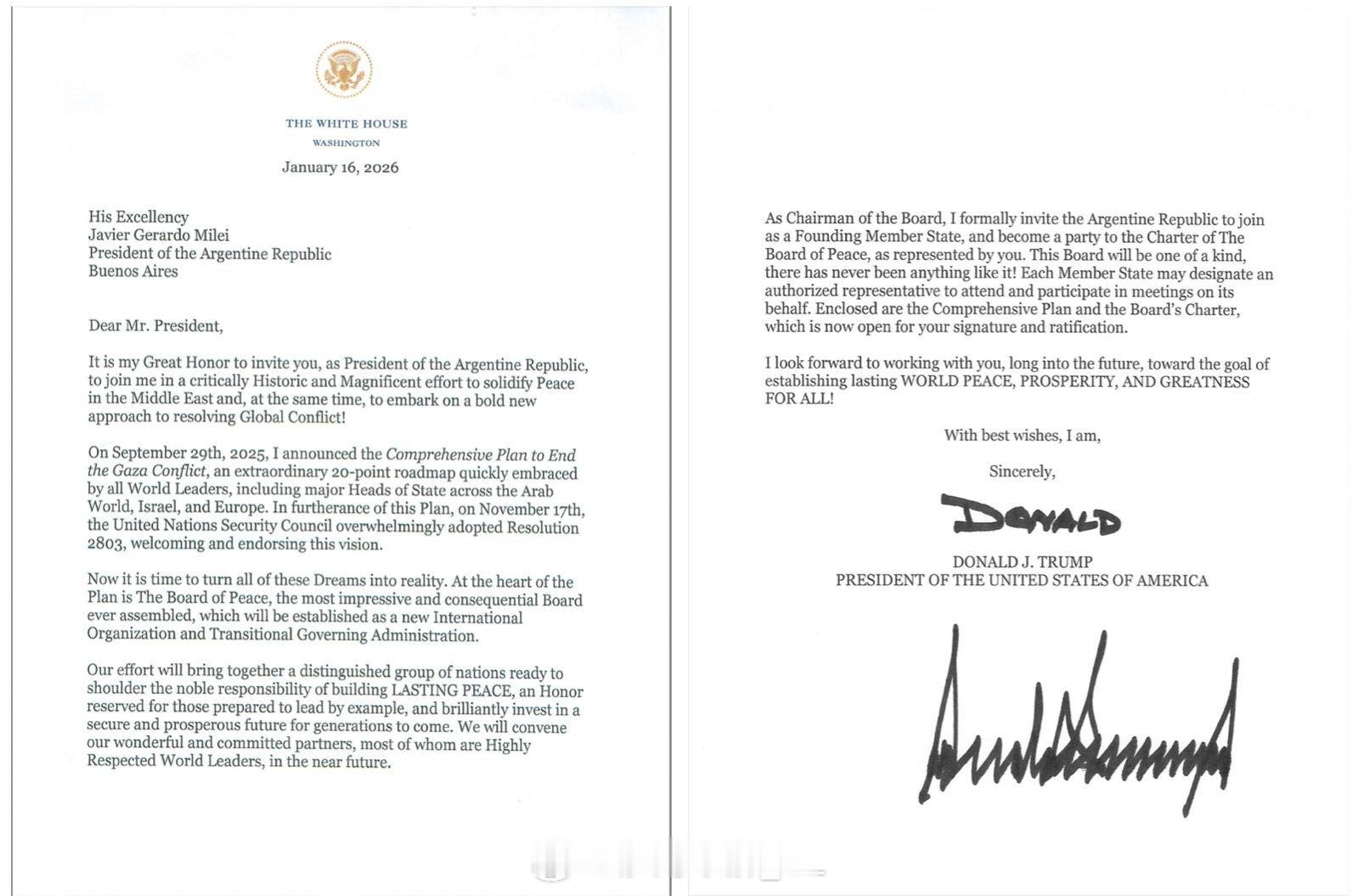 特朗普邀请阿根廷总统米莱加入其建立的“加沙和平委员会”。 