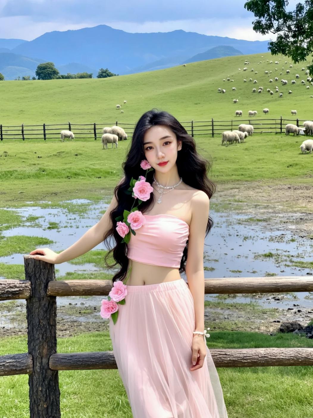 AI田园粉裙照