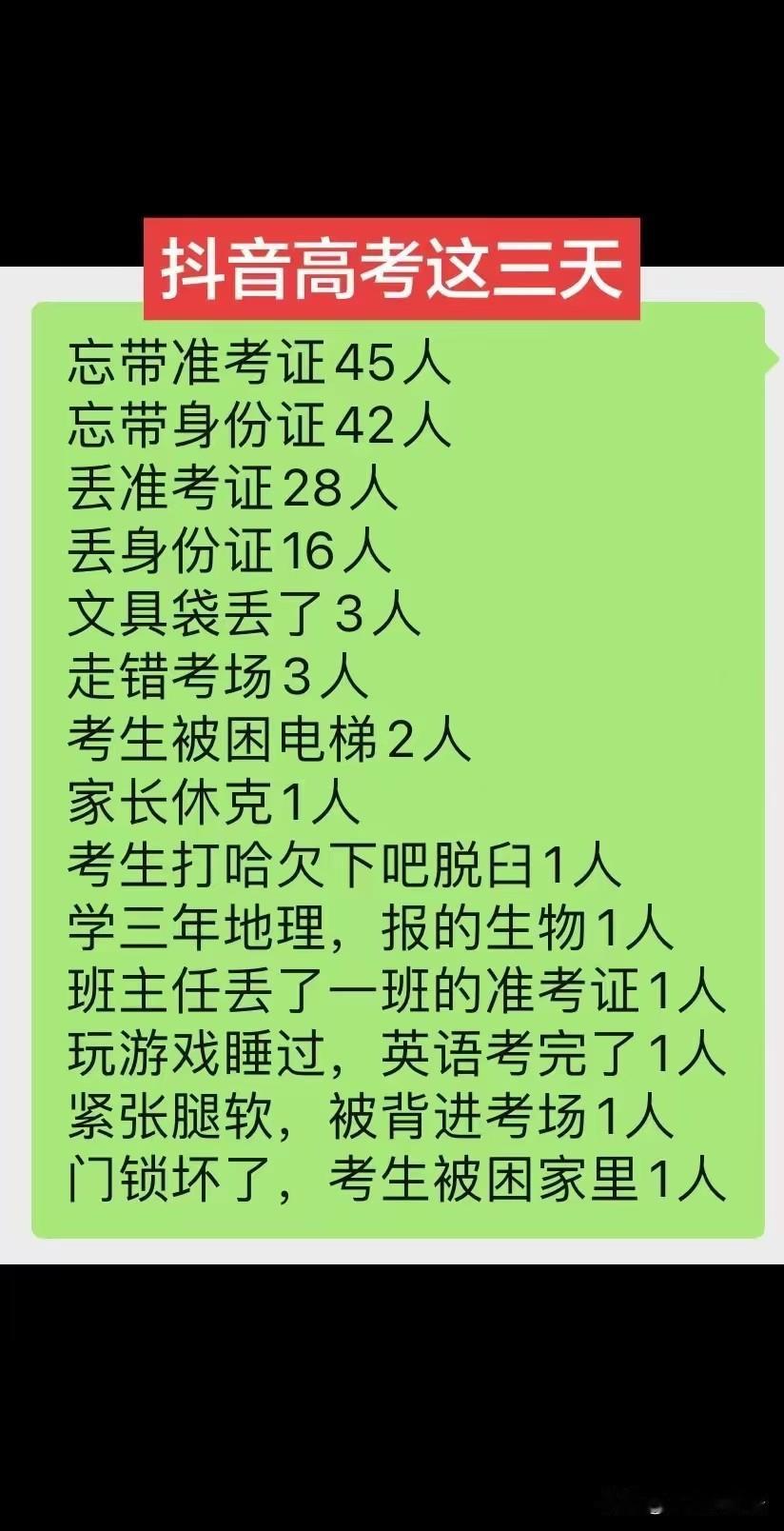十年前高考，很少看到这些数据，比如高考三天，忘带准考证45人，忘带身份证42人，