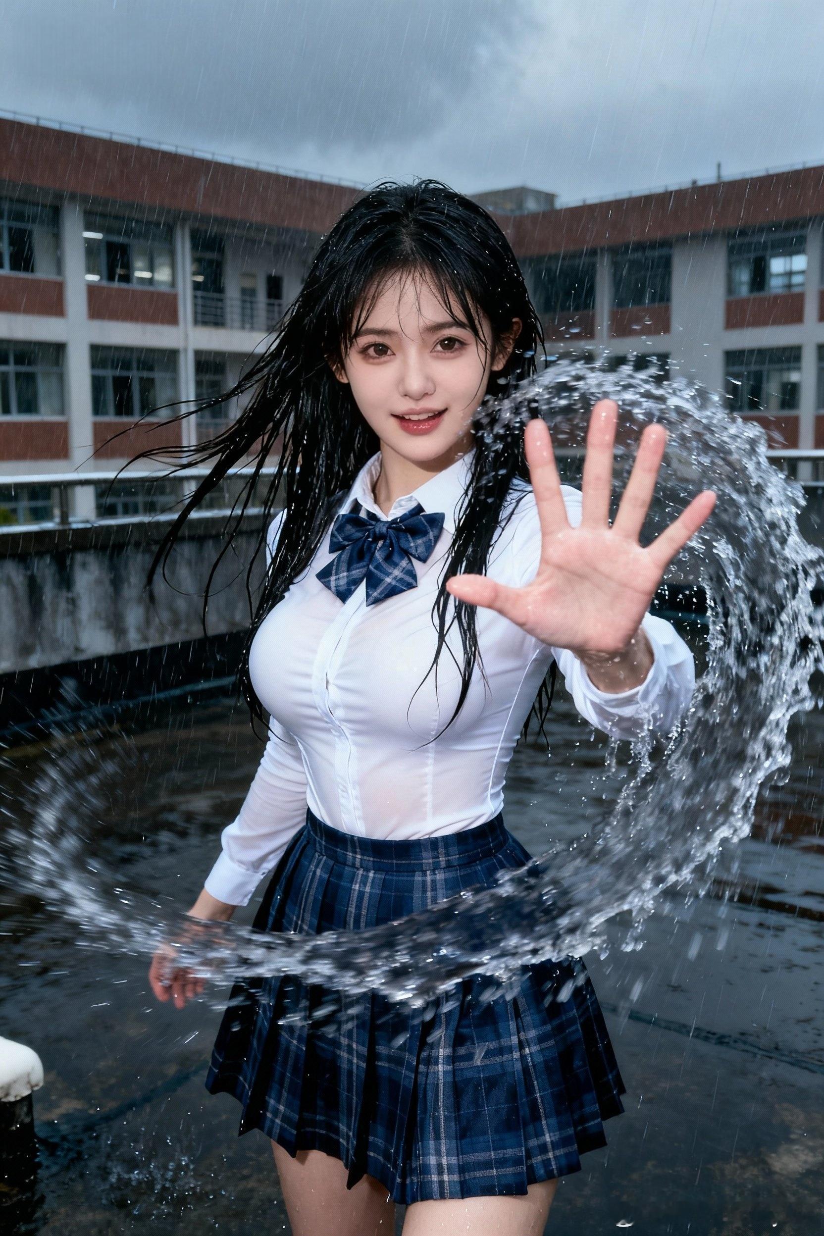 魔法少女开始施法了！最后一张图是花絮这种图片好玩，关键还是绿幕，雨水也是喷水车洒