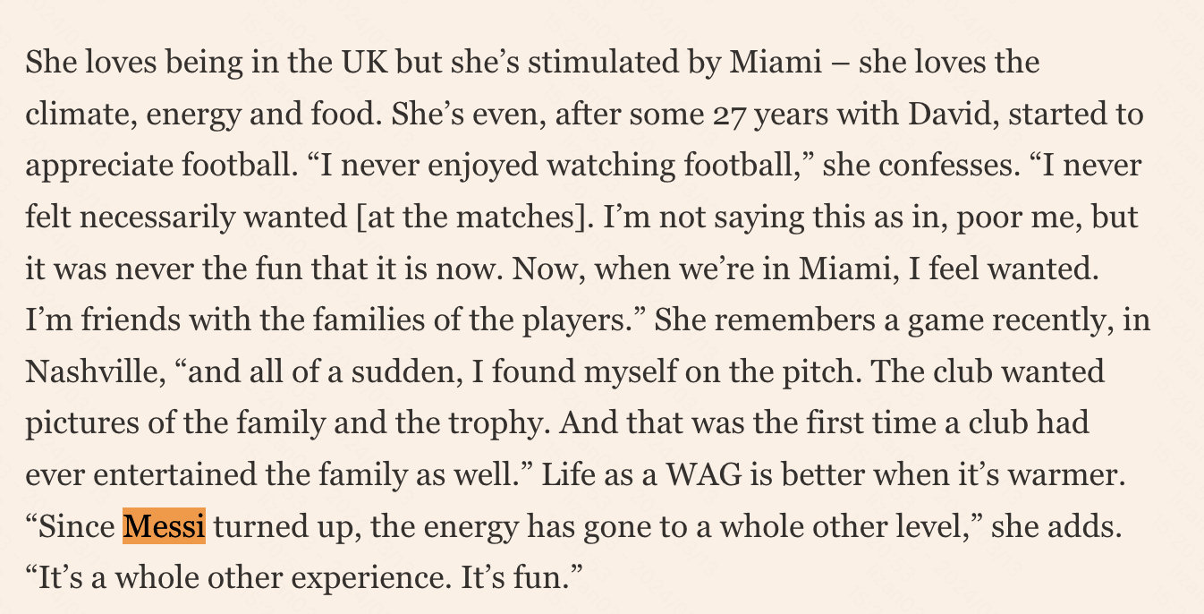 贝克汉姆妻子维多利亚在一月份接受《金融时报》专访🎙️：“......自从梅西来