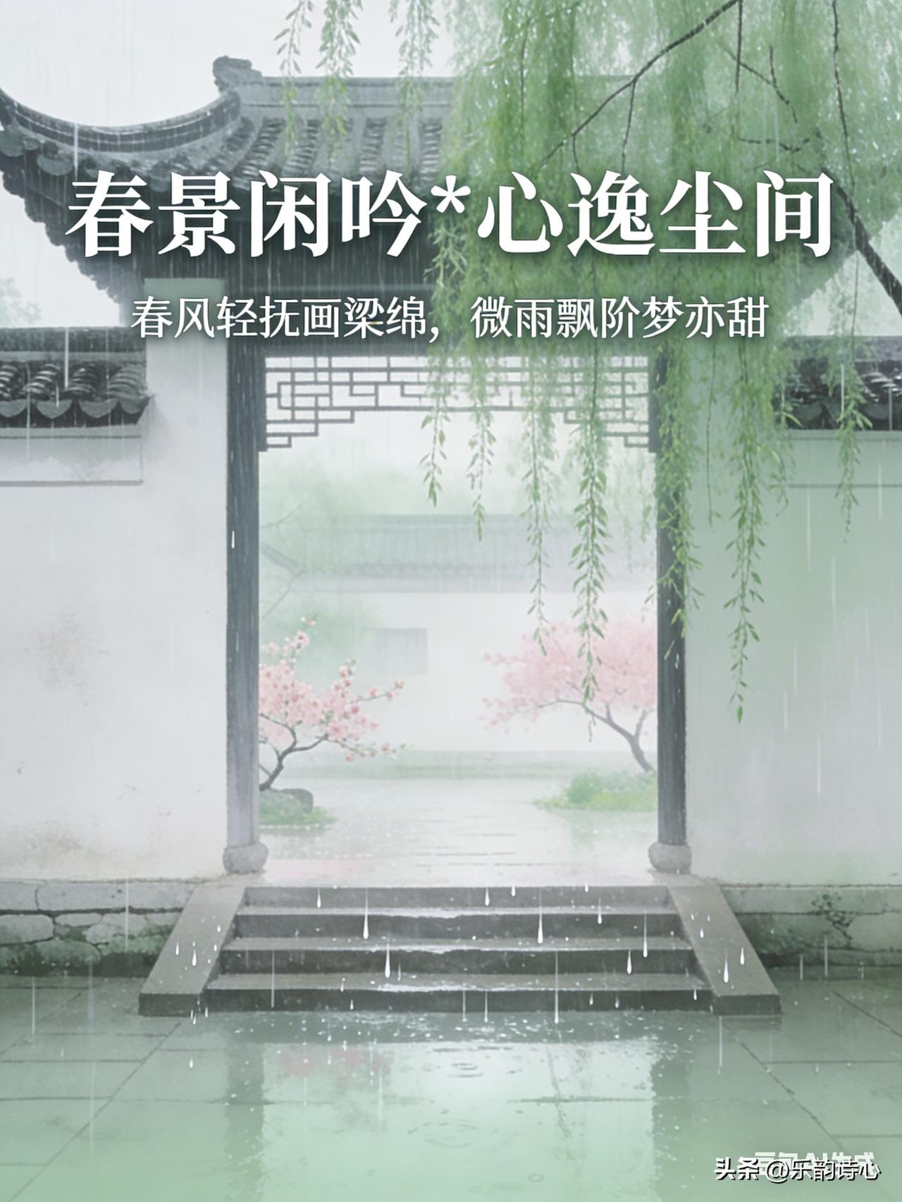 《春景闲吟*心逸尘间》乐韵诗心原创诗词:
春风轻抚画梁绵，
微雨飘阶梦亦甜。
峻