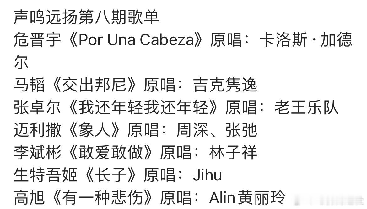 声鸣远扬第八期歌单声鸣远扬第8期歌单 声鸣远扬第八期歌单危晋宇《Por Una 