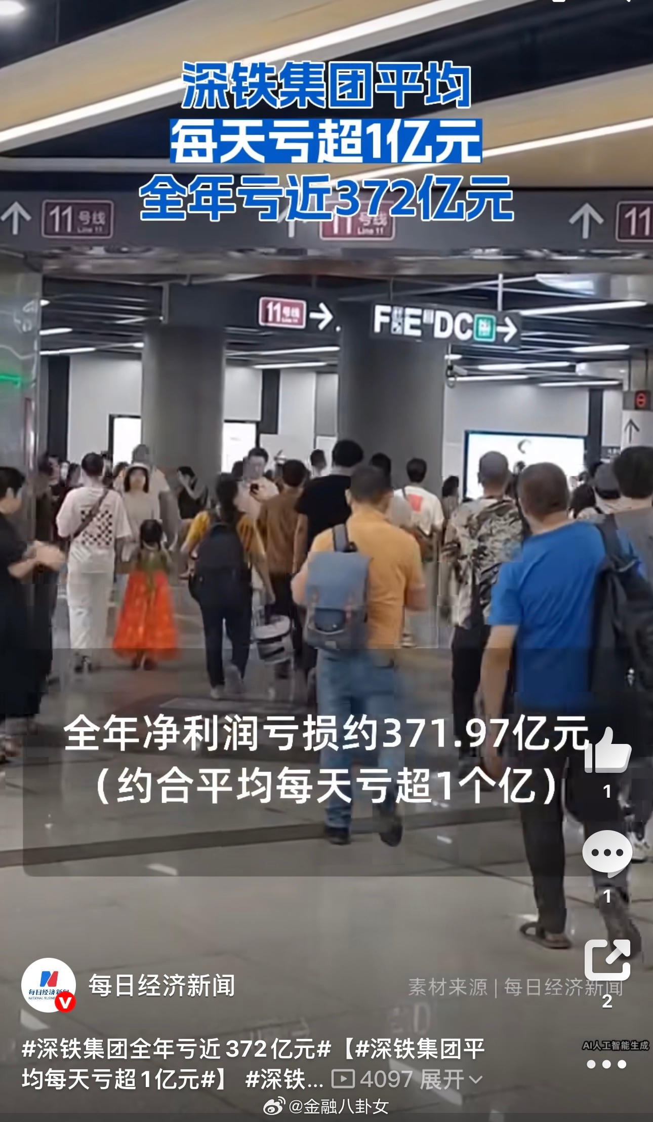 深铁集团全年亏近372亿元，平均每天亏超1亿元