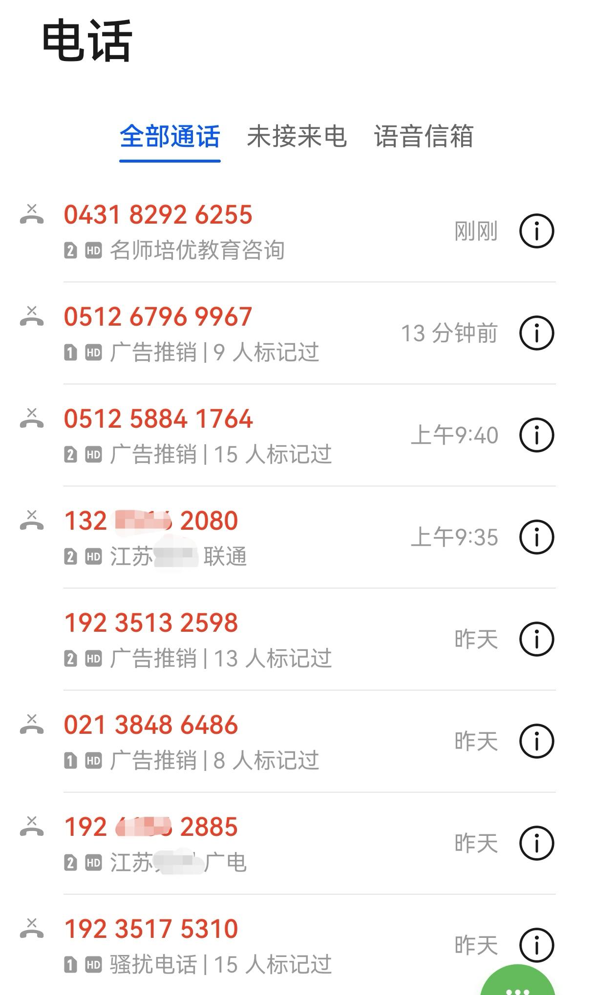 现在打电话的人越来越少，通话基本靠微信，我已经很久没接过陌生电话了。陌生号码一律