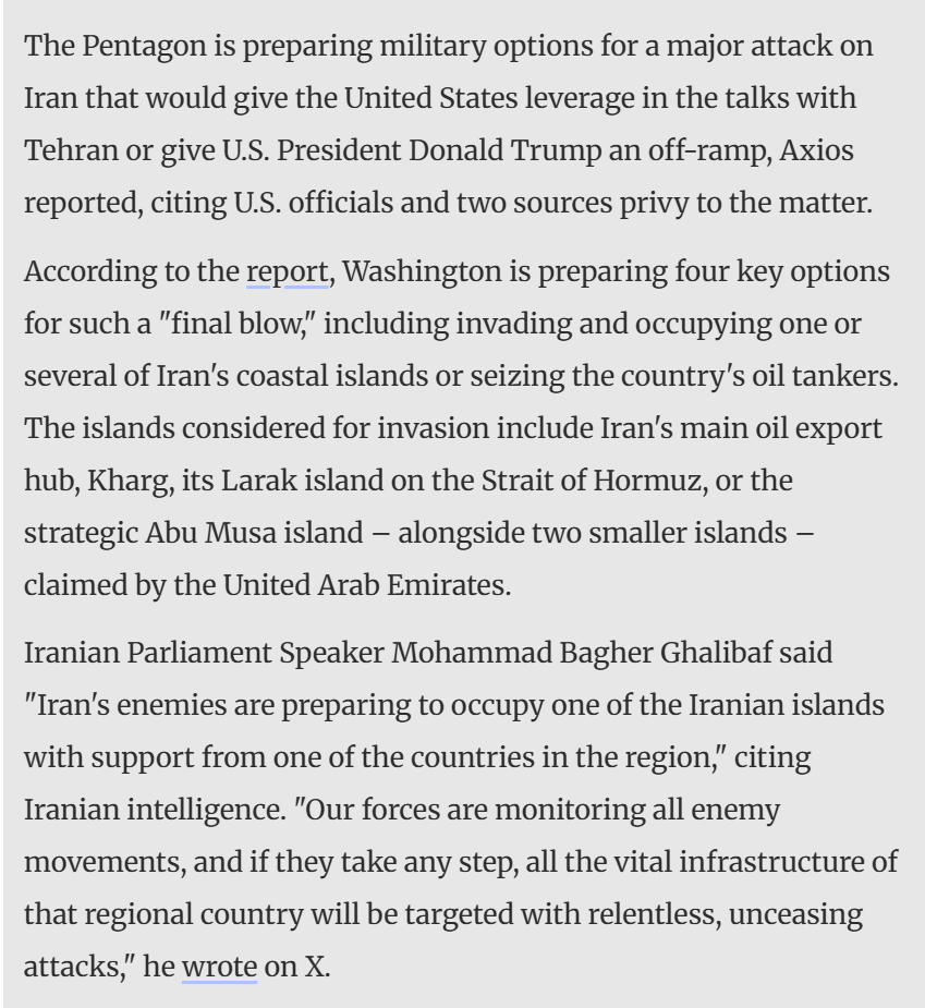 🔻国土报报道：美国准备对伊朗战争发动“最后一击”，意图占领岛屿、扣押油轮。🔻