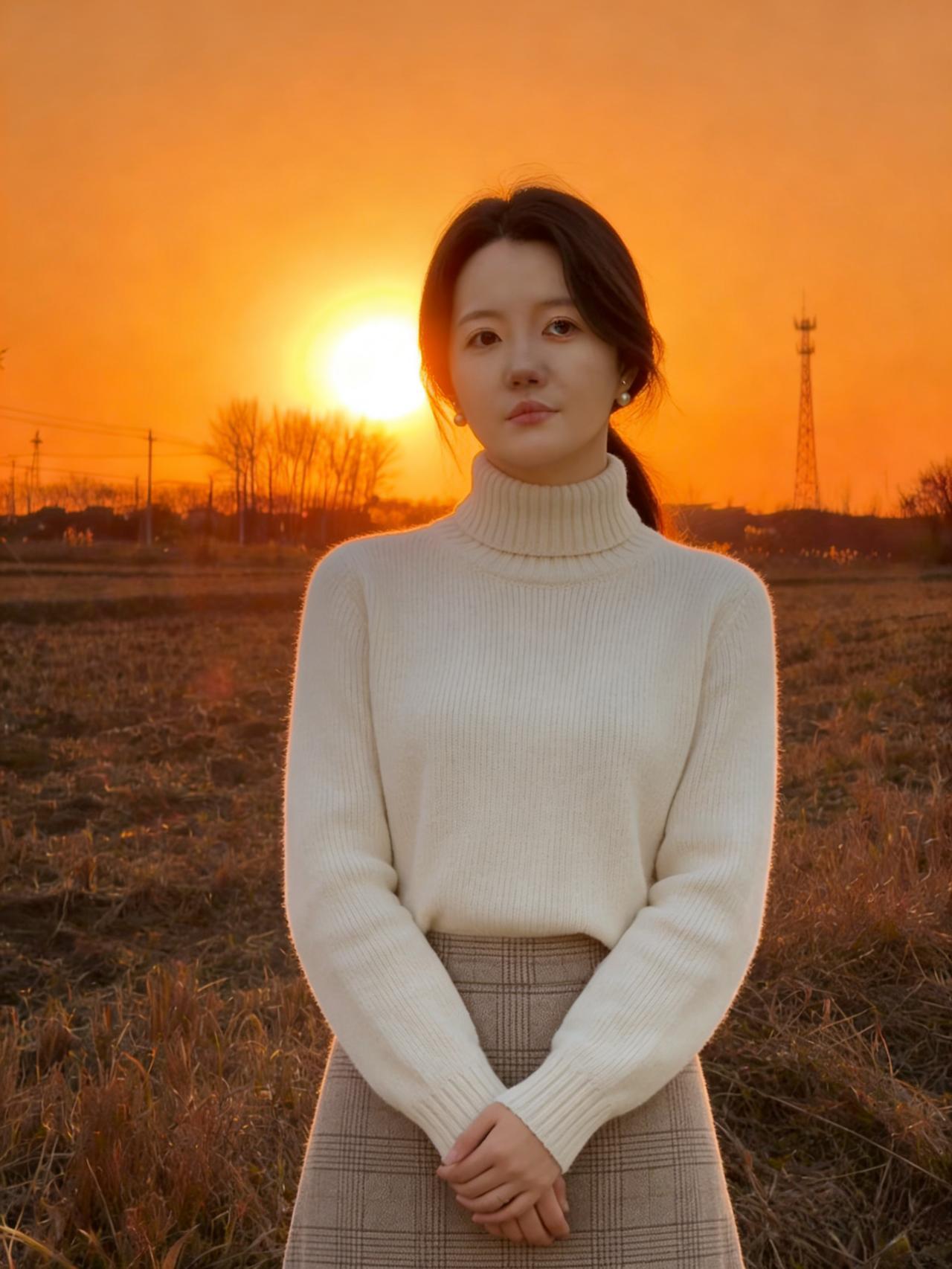 落日熔金覆远畴，佳人独立野塘头。
素衫漫染霞千缕，长发斜垂水一沤。
遥塔孤悬凝暮