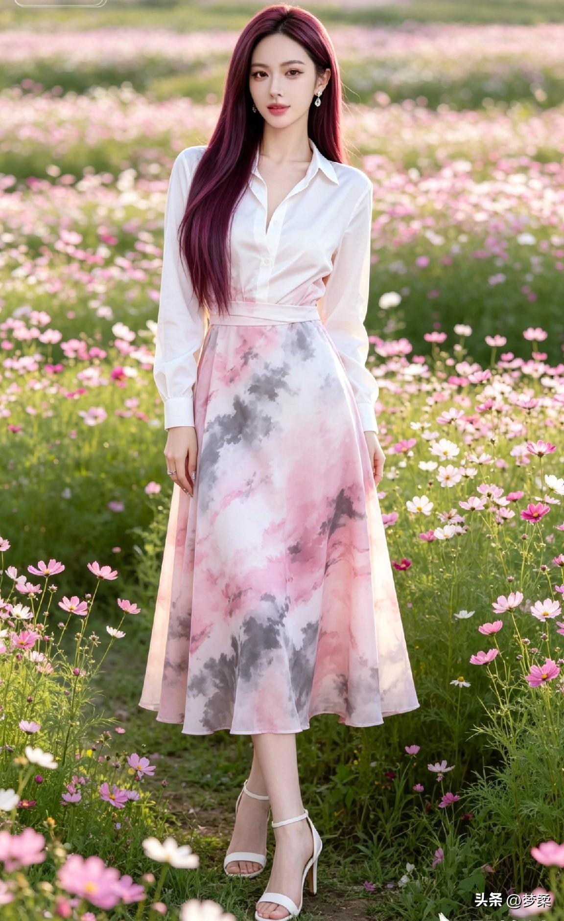 美女休闲穿搭分享浅白衬衫配渐变粉灰碎花半裙，置身花田，休闲穿搭清新治愈美女休闲风