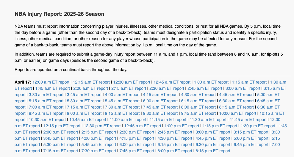 联盟官方的伤病报告名单每15分钟更新一次，杜兰特就是在美国东部时间晚上八点这次更