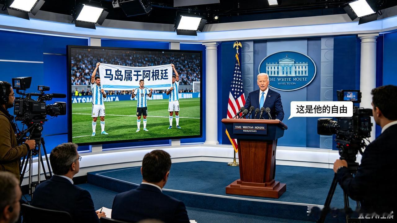美国不愧为自由的国度，阿根廷球员赛后举横幅，横幅写着马岛属于阿根廷，英国记者提问